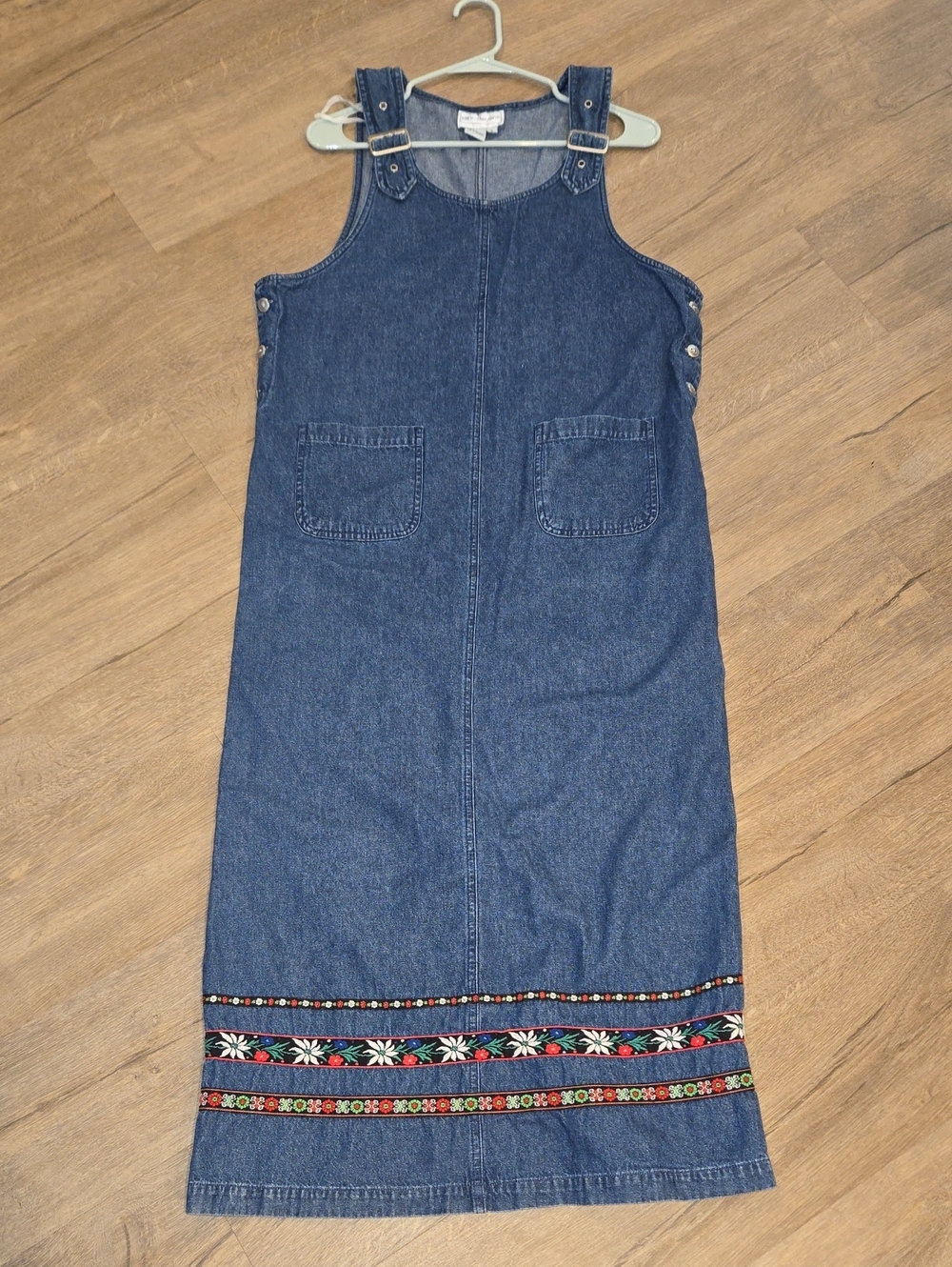 Vintage Karin Stevens Blue Denim Maxi Dress With Ribbon Embroidery